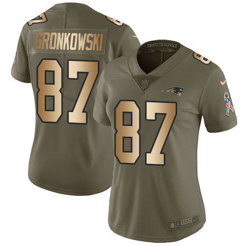Nike Patriots #87 Rob Gronkowski Olive/Gold Women's Stitched NFL Limited Salute to Service Jersey - Click Image to Close